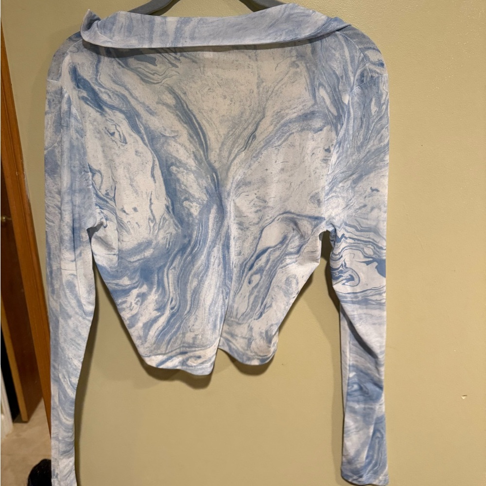 Blue and White Asymmetrical Sailor Collar Blouse